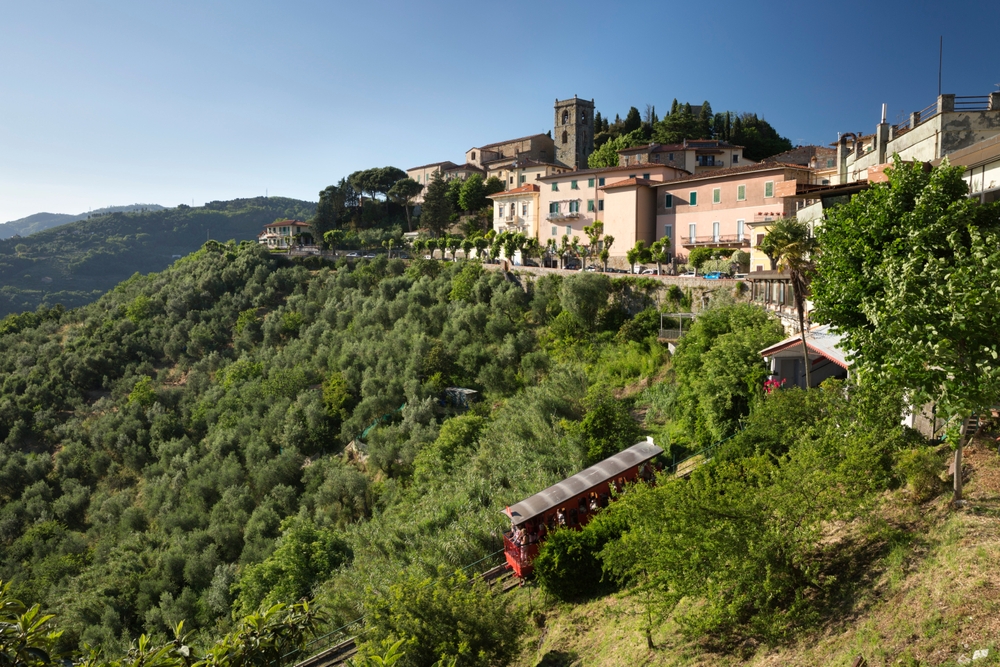 A képen a Montecatini Alto dombtetőn fekvő városa látható Toszkánában, Olaszországban.  - Z(s)eppelin utazás